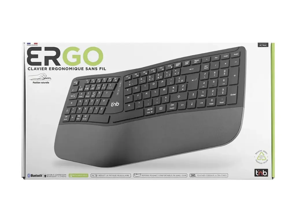 TNB ERGO - Clavier ergonomique sans fil rechargeable Bluetooth + 2.4GHz (FR)