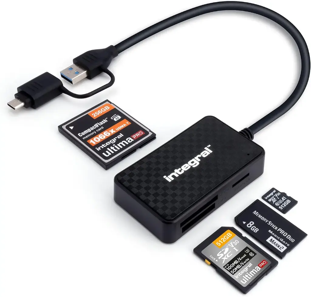 Intégral 4-en-1 Lecteur de carte mémoire, USB 3.0 & USB C Adaptateur pour microSD, SD, Compact Flash, MS Duo/Pro