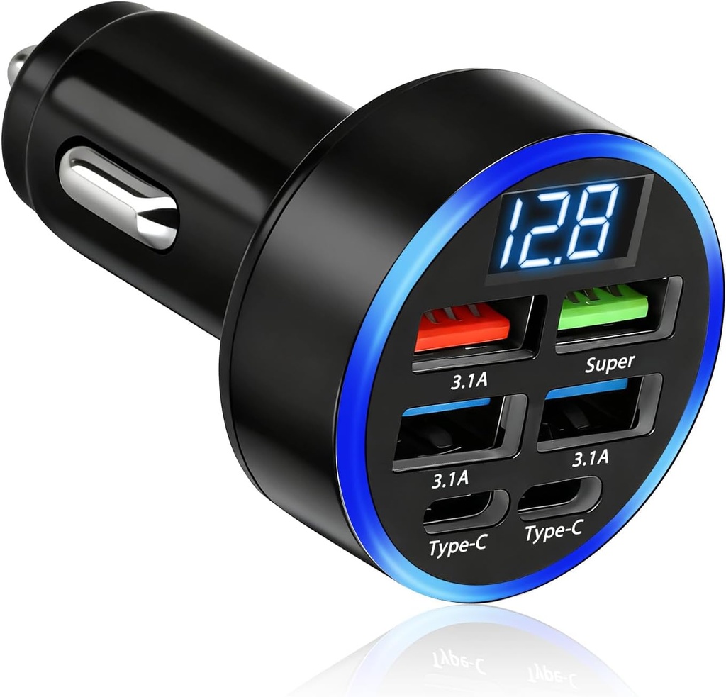 Allume Cigare USB Chargeur Voiture 50W, Prise Allume Cigare 12V-24V avec Écran LED, 2 Ports USB-C et 4 Ports USB-A